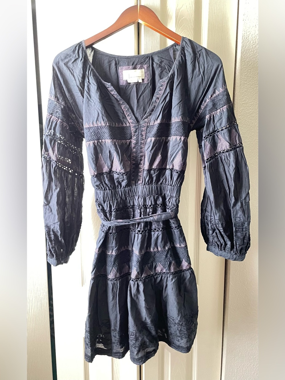 Anthropologie Navy Blue Long-Sleeve Embroidered Tiered Dress